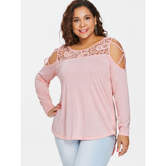 Plus Size Light Pink Cutwork Lace Insert T-shirt - Picture 4 of 8